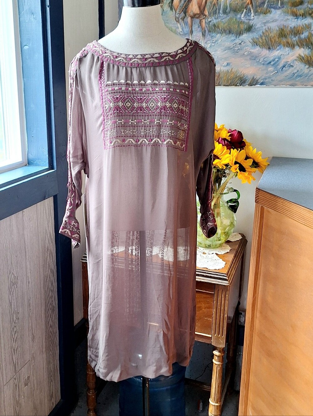 Sigrid Olsen Signature Bohemian Embroidered Sheer Tunic Dress, 4, RN#134365, NWT